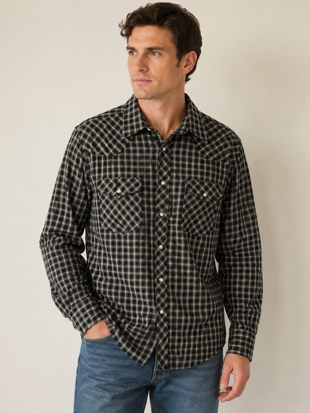 Wrangler Black and Gray Plaid Western Button-Down Shirt